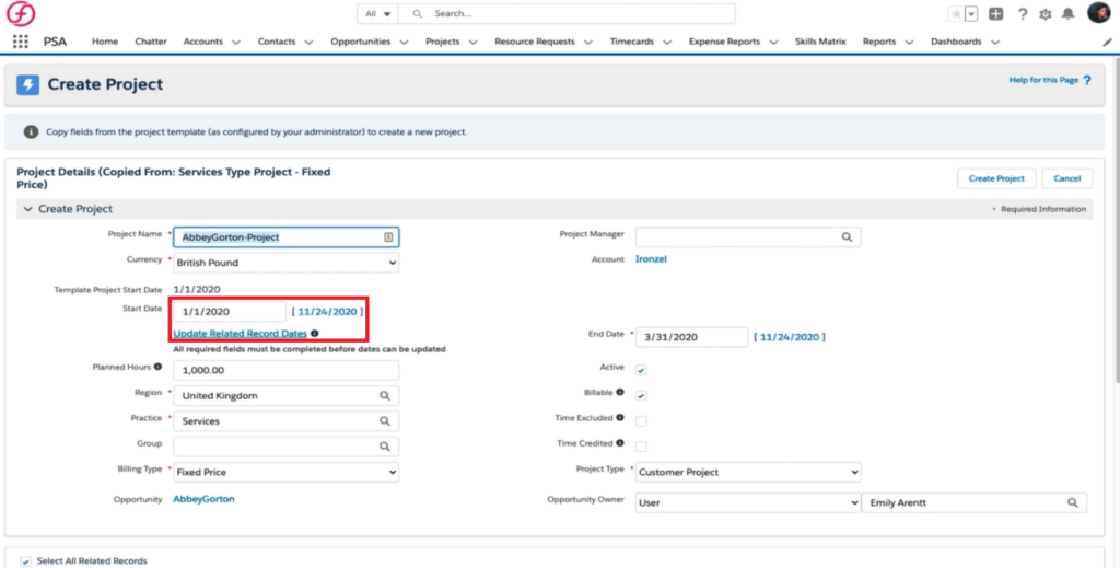 Create Project from Template in FinancialForce