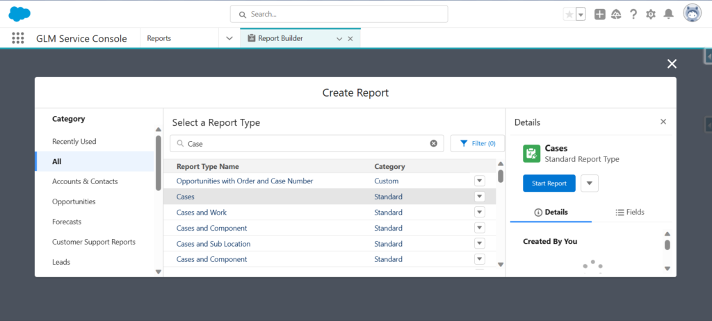 Select the report type for the report and click Create