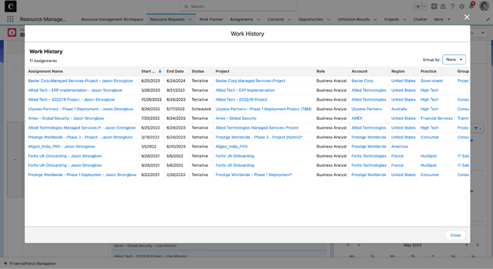 Access Work History details from the Contact Card on a Resource Request