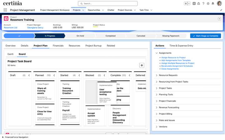 Drag and drop in PSA Project Task Board component embedded on a Project record page, Certinia Summer 2023 Release