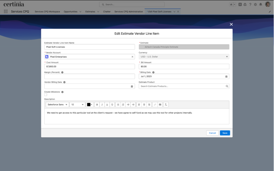 Editing Estimate Vendor Line Item