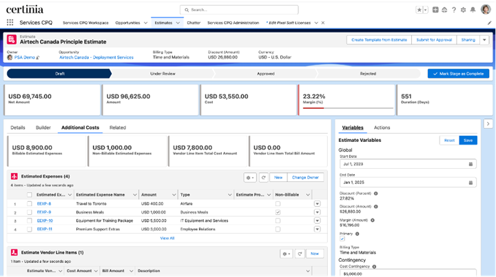 Estimate Expenses related list & Additional Costs Showcase panel embedded on an Estimate record page