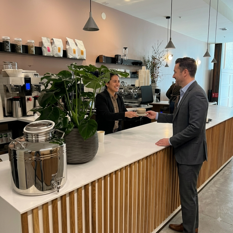 Barista serving coffee at Sextant Coffee Roasters
