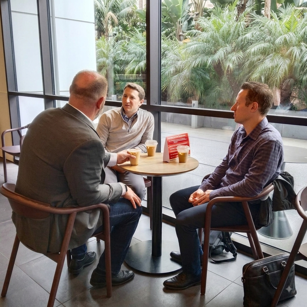 Three colleagues meeting over coffee near a window